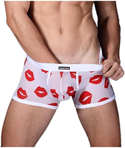 Tirain Men's Sexy See Through Boxer Briefs Underwear Mesh Thong with Lip Pattern Kiss (Large, White)