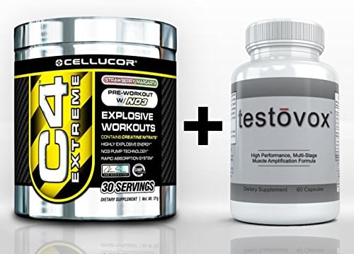 Cellucor C4 Extreme Pre-Workout (30 Servings) & TESTOVOX (60 Capsules) - High Performance Muscle Building Combo. Professional Strength Bodybuilding Supplement Stack (Strawberry Margarita)