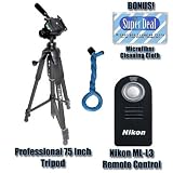 Nikon ML-L3 Remote Control for Nikon D40, D40x, D60, D80 & D90 Digital SLR Cameras + Zeikos 75 Inch Full Size Tripod with Exclusive FREE Complimentary EXCLUSIVELY DESIGNED BLUE BENDY FLEXPOD Trademarked By ClearMax