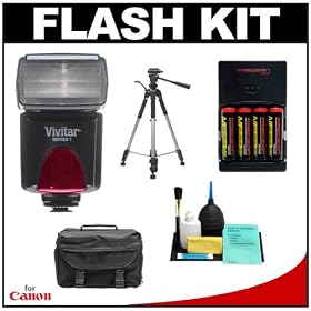 Vivitar High Power Auto Flash DF-383 with Bounce & Swivel Head + Gadget Bag + (4) AA Batteries & Charger + Tripod for Canon EOS Rebel XT, XTi, XS, XSi, T1i, 50D, 40D, 5D SLR Digital Cameras