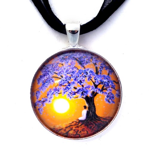 Jacaranda Tree Sunset Meditation Handmade Art Pendant (Black Ribbon Necklace)