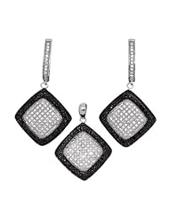 Zirconia By Debbie 925 Silver Black & Clear Pave Setting Earring & Pendant
