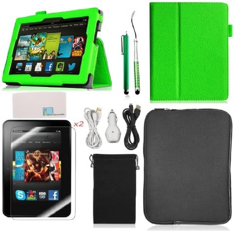 Llamamia Folio Stand PU Leather Case Cover Bundle for Kindle Fire HDX 7 Inch (2013 Release) with Car Charger, Two 6F Cables, Velvet Bag, Zipper Sleeve Bag, 2 Screen Protectors, 2 Stylus(Not Compatible with HD 7 2012 or 2013 Release)(Green)