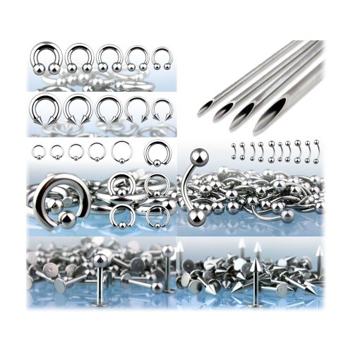 BodyJ4You 175 Piercing Kit 14G-16G Steel Body Piercing Starter Kit Piercing Needles Forceps Retainer