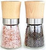 Wood & Glass Salt and Pepper Grinder Set - Salt & Pepper Mill Pair with Adjustable Coarseness - Wood Salt and Pepper Shakers