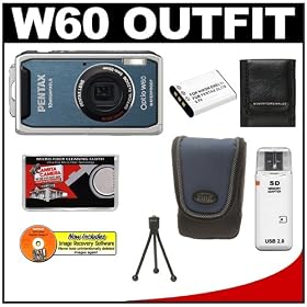 Pentax Optio W60 Waterproof Digital Camera - (Ocean Blue) + Spare D-LI78 Battery + Precision Design Accessory Kit