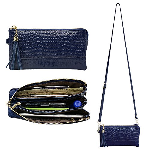 Belfen Women Smartphone Leather Zipper Clutch with removable Wristlet (Navy blue)
