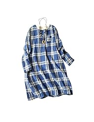 Cotton/Linen Checkered Print Winter Long Sleeves  Dress