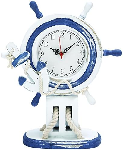 Nautical Wooden Clock, Ship Steering Wheel, Anchor Rope, 13-inch, Blue White, Tabletop