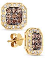 14K Yellow Gold Round Brilliant Cut Chocolate Brown and White Diamond - Square Princess Shape Prong Set Studs Earrings with Secure Screw Back Closure - (.77 cttw.)