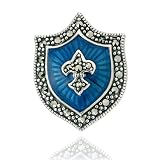 Sterling Silver Marcasite and Blue Epoxy Shield Pin