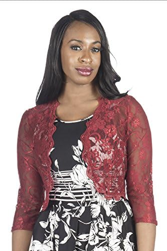 Designer NY Women Elbow Sleeve Flower Lace Bolero Jacket - Dressy Shrugs (18, Wine)