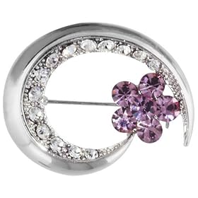 Clear Rhinestone Crescent Shape With Purple Flower Pin Brooch by Pugster