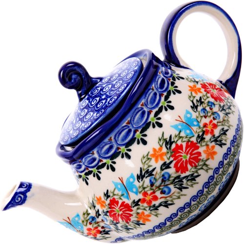 Polish Pottery Ceramika Boleslawiec,  0105/238, Teapot Fruti, 3 1/4 Cups, Royal Blue Patterns with Red Cornflower and Blue Butterflies Motif On Sale