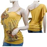 Sexy Yellow Butterfly Print Single Sleeve Chain Accent Plus Size Top