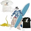 The Samurai and the Octopus, art by Hideo Takeda. A tattooed samurai on the beach with a menacing octopus. Line art on the front left breast and full color graphic on the back. This 100% cotton t-shirt is available in white and black.