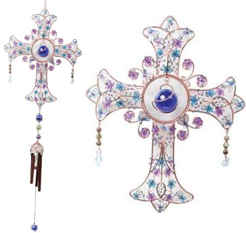 Cross Windchime with Jewels & Copper Finish, 33-inch