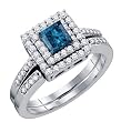 Stunning 2 Pc. 14k. White Gold 0.85 Ctw. Diamond Bridal Set w/ Blue 0.45 Ctw Princess Center Stone Size 7