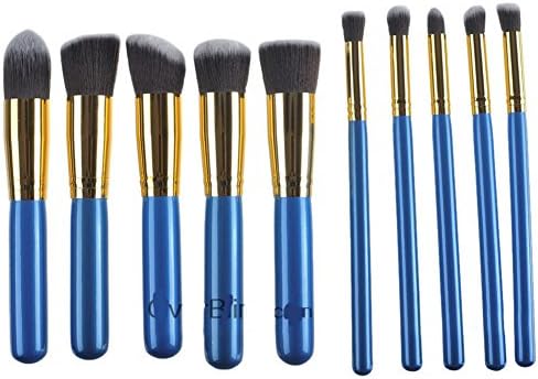 Professional Synthetic Kabuki Makeup Brushes with Carry Bag ,Included Kabuki Foundation Blending Blush Eyeliner Face Powder Brush Makeup Brush Kit ,10pcs/set (Blue Gold)