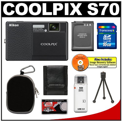 Nikon Coolpix S70 12.1MP Digital Camera (Black & Black) 3.5-inch OLED Touch Screen LCD with 5x Optical Wide-Zoom + EN-EL12 Battery + 16GB Card + Case + Accessory Kit