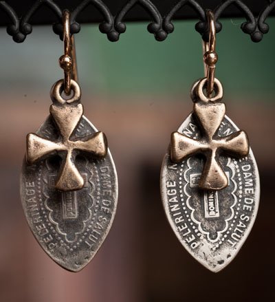 Notre Dame Earrings, Sterling Silver Norte Dame Lourdes thin medals layered with small brass Coptic Crosses. These earrings are finished using 14kt Gold fill ear wires. These earrings meadure 1.25
