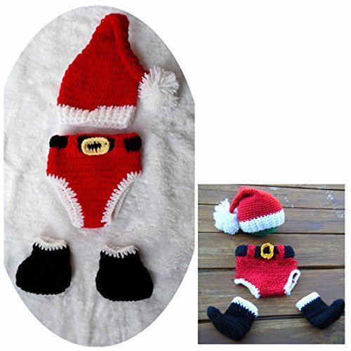 Kalevel® Newborn Photography Props Soft Handmade Crochet Knit Baby Photo Props,Baby Photograph Props,Baby Photograph,Baby New Years Costume,New Years Eve Hats for Babies ,Photo Props for Baby Boys (0-3 Months,Hat + Cloth + Shoe + Bib) (Lucky Red)