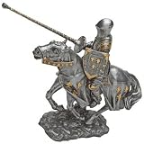 Jousting Knight in Armor on Horseback Statue - Wielding Lance and Carrying Shield Adorned with Fleur de Lis Symbols
