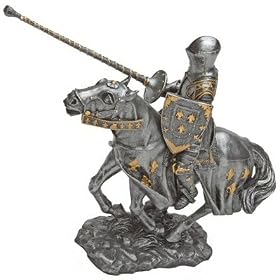 Jousting Knight in Armor on Horseback Statue - Wielding Lance and Carrying Shield Adorned with Fleur de Lis Symbols