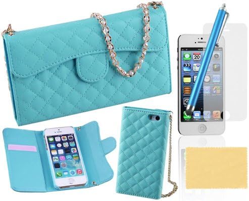 Kingsource (TM) Elegant Lady Handbag Style Wallet Leather Case with Credit Card Slots Suitable For Apple iphone 5 5g 5s Crystal Flower Bling and Hand Strap Luxury Fashion Handbag Metal Chain Style PU Leather Wallet Case for Apple iphone 5 5g 5s with 1 Screen Protector, 1 Stylus and 1 Microfiber Sticker Digital Cleaner (iPhone 5 5s blue)