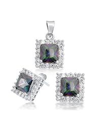 Bling Jewelry 925 Silver CZ Rainbow Mystic Topaz Color Pendant and Earrings Set