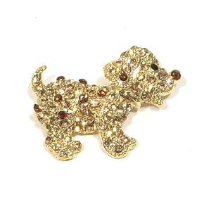 Yellow Topaz and Brown Austrian Rhinestone Dog Puppy Design Gold-Tone Brooch Pin