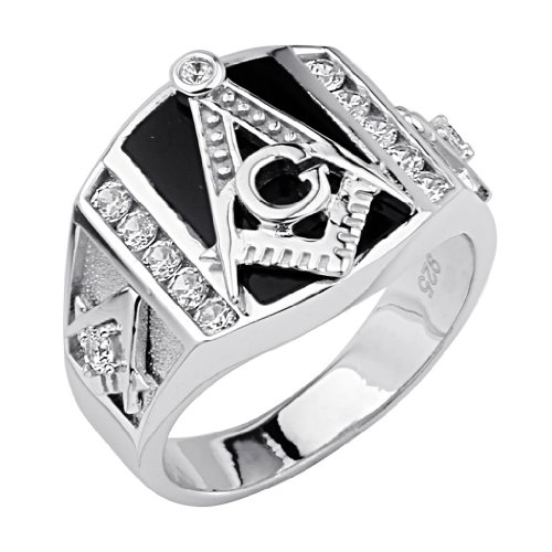 .925 Sterling Silver Rhodium Plated Embossed Masonic Men's Ring