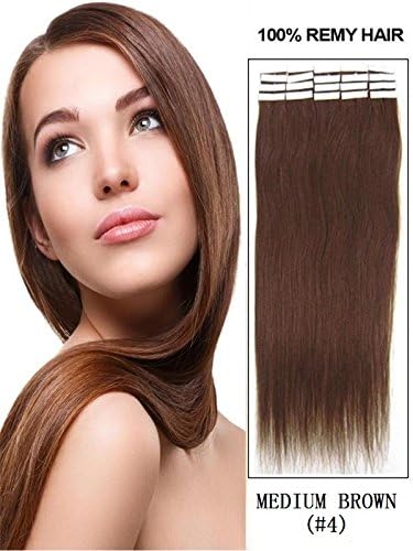 20 Pcs 16" 18" 20" 22" 24" Inches Remy Pu Tape Skin Weft 100% Human Hair Extensions 19 Colors (16" 30g 20pcs, #4 medium brown)
