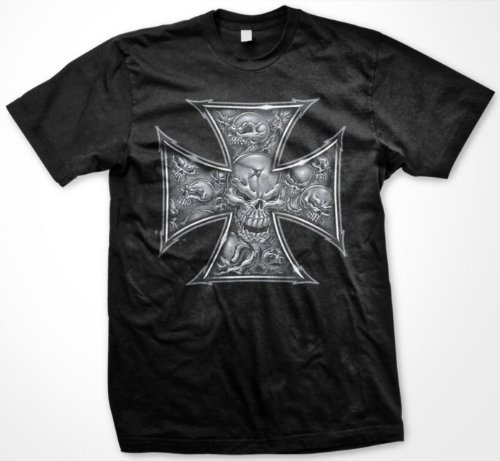  Iron Cross Skulls Mens T-shirt, Hardcore Chopper Biker Mens Shirt