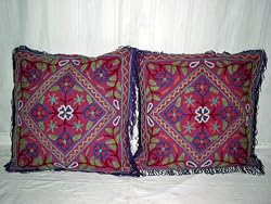 2 Raspberry Purple with Wool Crewel Embroidery Cushion Covers Toss Pillows