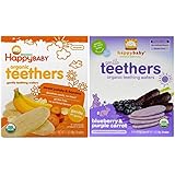 Happy Baby Organic Teethers Gentle Teething Wafers 2 Flavor Sampler Bundle: (1) Sweet Potato & Banana Teething Wafers, and (1) Blueberry & Purple Carrot Teething Wafers, 1.7 Oz. Ea.