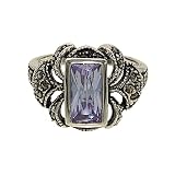 Fancy Rectangle Cut Bezel Set Lavender Cubic Zirconia Silvertone Fashion Ring in Fleur d'lis Style Setting with Genuine Marcasite