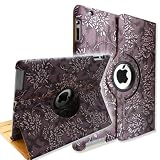 FINTIE® (Embossed Flower Purple) 360 Degree Rotating Stand Smart Cover PU Leather Case for iPad 2 / the new iPad 3 (wake/sleep)