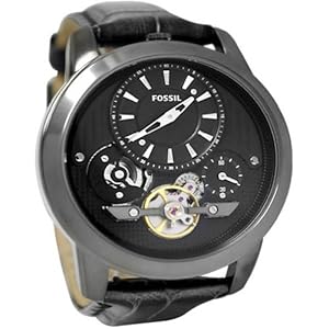 Fossil ME1126 Mens Grant Stainless Steel Case Leather Bracelet Black Skeleton Dial Watch