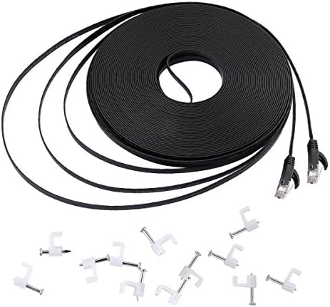 Cat6 Flat Black Ethernet Cable 100 ft from DaBee - High Speed Low Signal Losses Snagless RJ45 Connector with Cable Nails