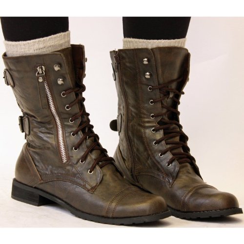 Ladies Brown Lace Up Ankle Combat Army Military Worker Boots Size 4-7