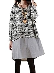 A-line Long Sleeves Vintage Illusion Cotton Striped Print Floral Print Shift  Shirt  Dress