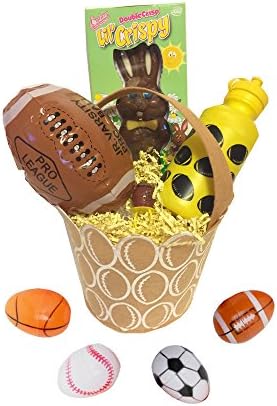 Sports Easter Basket Gift Set; 7 Piece Bundle with Sports Basket, Water Bottle, Inflatable Ball, Sports Jelly Bean Filled Eggs, Chocolate Easter Bunny , Sports Ring Candy Pop, Basket Filler (football)
