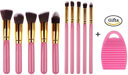 Makeup Brush Set - 10PCs Makeup Brush Kit - Blush Eyeliner Face Powder Brushes+1 Washing Brush Glove By Enjoy Colorful Life(Golden Pink)