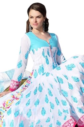 Woman Clothing : White Embroidered Cotton Anarkali Churidar Kameez For Sale