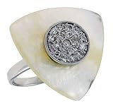 Triangular Mother of Pearl Ring in Solid Sterling Silver, Accented with Tiny High Quality CZ's, 15/16 (24mm) wide