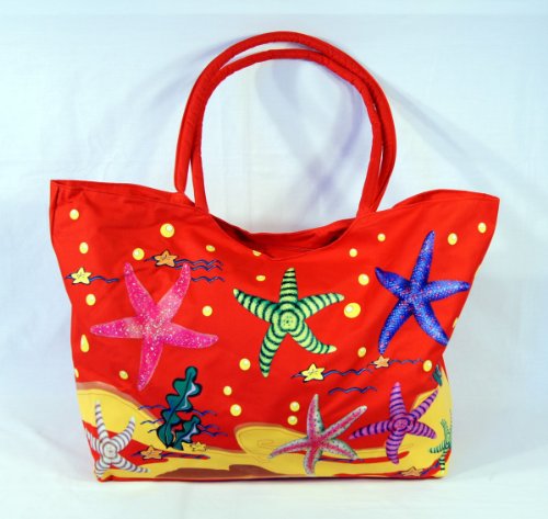 Waterproof Jumbo Red Canvas Beach Tote Bag Sea Starfish Design Zipper Closure 24 X 15 X 6