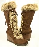 Brown Furry Wedge Boots Lace-Up Knee---Vegan Friendly!