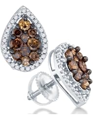 10K White Gold Round Brilliant Cut Chocolate Brown and White Diamond - Pear Shape Halo Invisible & Channel Set Studs Earrings with Secure Screw Back Closure - (.99 cttw.)