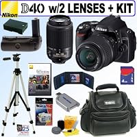 Nikon D40 6.1MP Digital SLR Camera with 18-55mm f/3.5-5.6G ED II AF-S DX and 55-200mm f/4.5-5.6G ED AF-S DX Zoom-Nikkor Lens + Battery Grip
